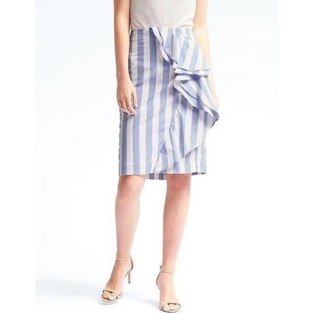 Banana Republic Blue and White Striped Ruffle Pencil Skirt